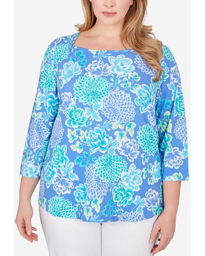 Ruby Rd. Plus Size Japanese Mums Top - Blue