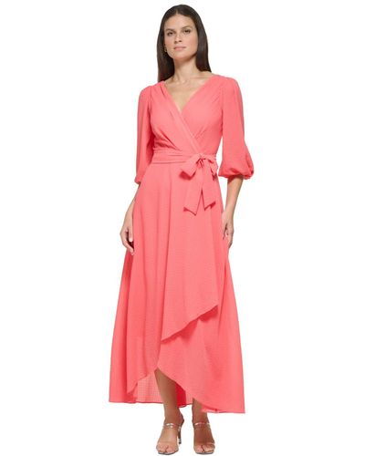 DKNY Balloon-sleeve Faux-wrap Midi Dress - Pink