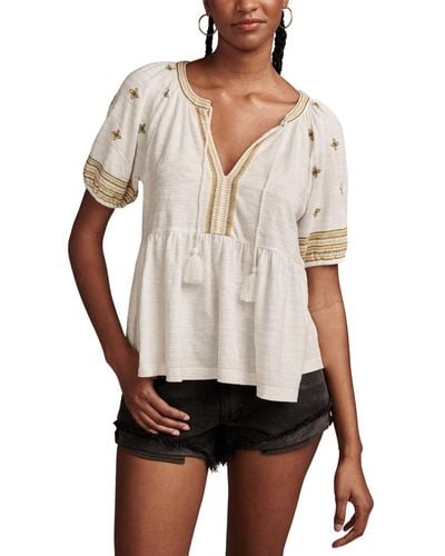Lucky Brand Cotton Embroidered Babydoll Top - White