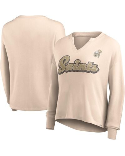 Fanatics Distressed New Orleans Saints Go For It Notch Neck Waffle Knit Long Sleeve T-shirt - Natural