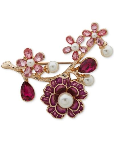 Anne Klein Gold-tone Pave Crystal & Imitation Flower Branch Pin - Pink