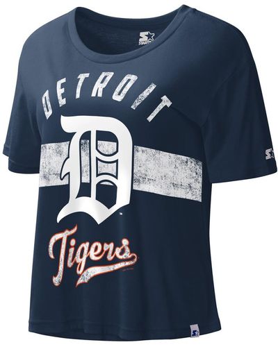 Starter Distressed Detroit Tigers Cooperstown Collection Record Setter Crop Top - Blue