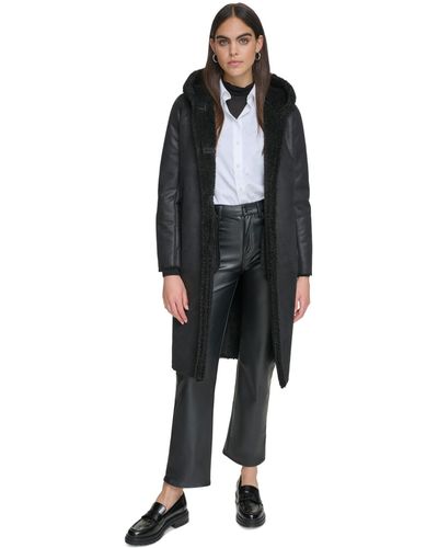 Calvin Klein Hooded Faux-shearling Trim Coat - Black