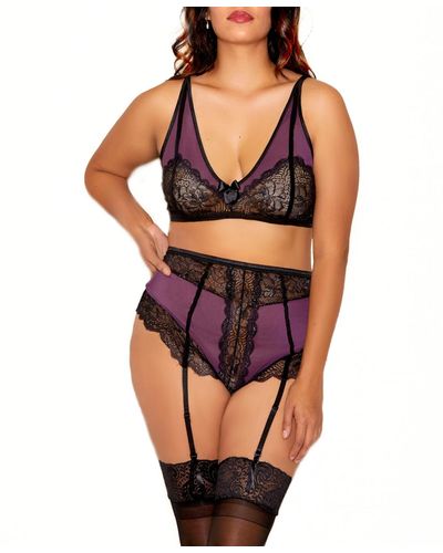 iCollection Ripley Plus Size Floral Lace Bralette And Garter Panty Set - Multicolor