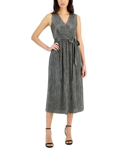 Anne Klein Printed Belted Midi Dress - Gray
