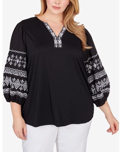 Ruby Rd. Plus Size Embroidered Solid Knit Top - Black