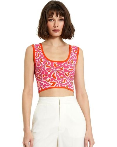 Mac Duggal Sleeveless Floral Knit Cropped Tank Top - Red