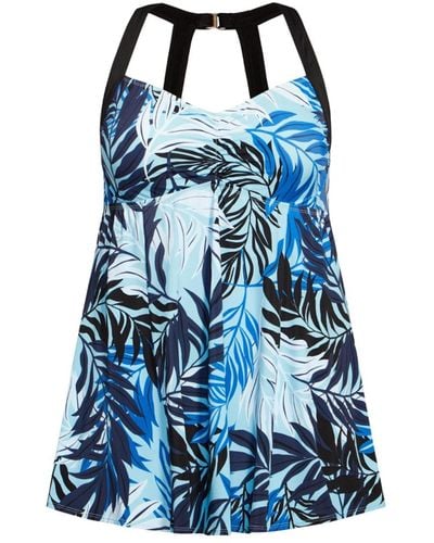 Avenue Plus Size Hi Back Print Swim Dress - Blue