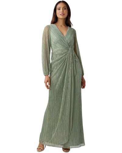 Adrianna Papell Metallic Crinkled Draped Gown - Green
