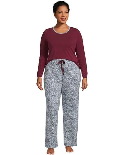 Lands' End Plus Size Knit Pajama Set Long Sleeve T-shirt And Pants - Red