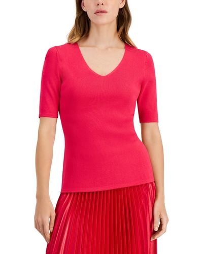 Anne Klein Solid Half-sleeve V-neck Knit Top - Red