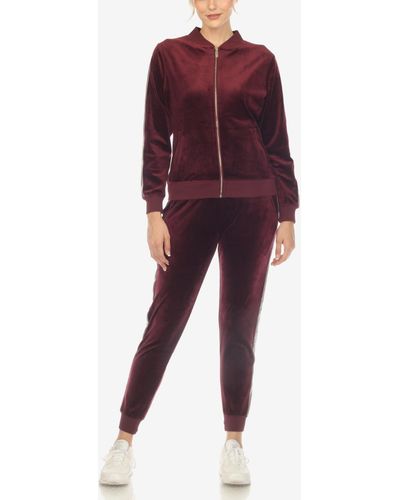White Mark Faux Leather Stripe Velour 2 Piece Tracksuit Set - Red