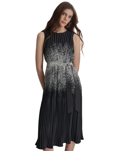 DKNY Pleated Crepe Satin A-line Dress - Black