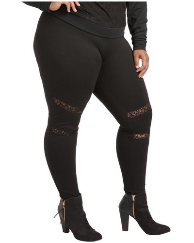 Poetic Justice Plus Size Curvy-fit Lace Inset Pull-on Ponte legging - Black