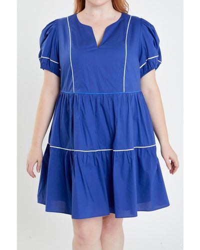 English Factory Plus Size Piping Detailed Mini Dress - Blue