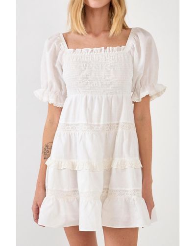 Endless Rose Linen Smocked Mini Dress - White