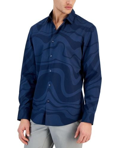 Alfani Ocean Wave Regular-fit Stretch Printed Button-down Shirt - Blue