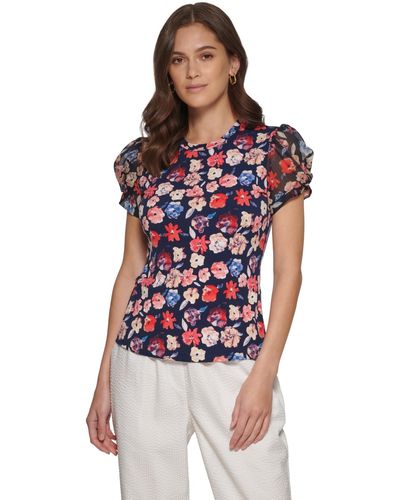 DKNY Petite Floral-print Puff-sleeve Blouse - Red
