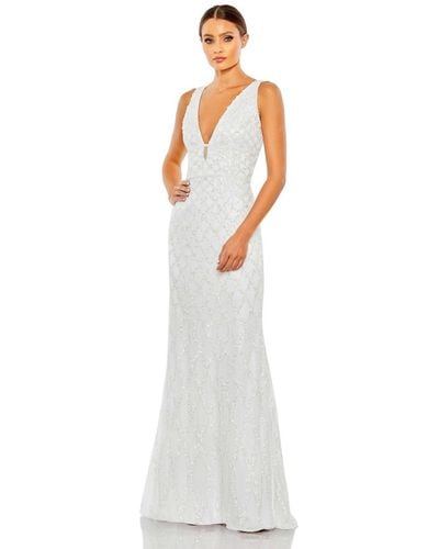 Mac Duggal Sequined Plunge Neck Sleeveless Column Gown - White