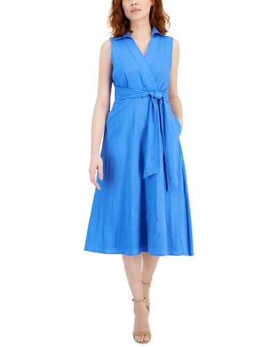 Tahari Faux-wrap Linen Midi Dress - Blue