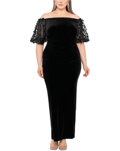 Xscape Plus Size Velvet Floral-lace Puff-sleeve Gown - Black