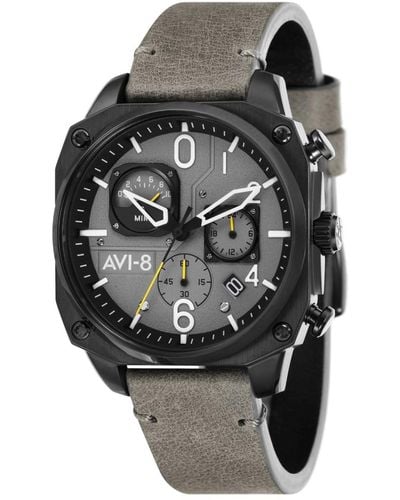 AVI-8 Hawker Hunter Chronograph Retrograde Edition Genuine Leather Strap Watch 45mm - Gray