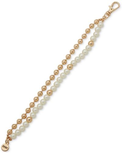 DKNY Gold-tone Bead & Imitation Pearl Double-row Flex Bracelet - Metallic