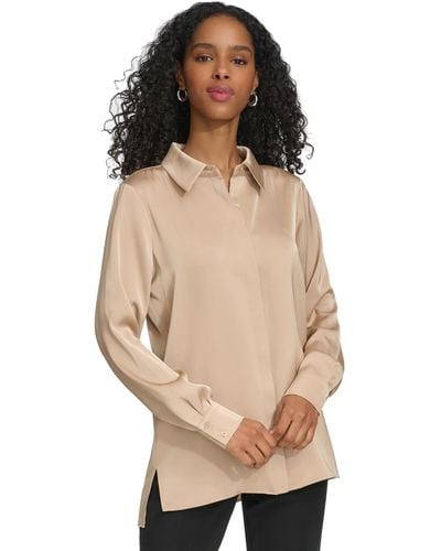 Calvin Klein Long Sleeve High-low Collared Shirt - Natural