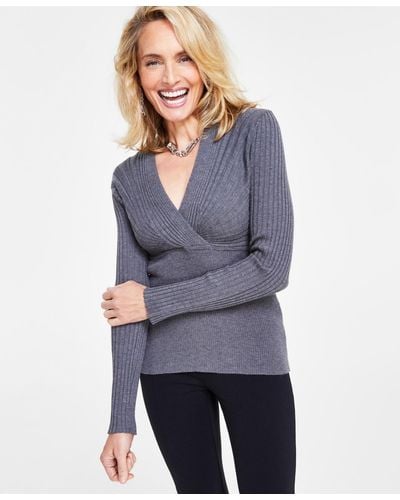 INC International Concepts Ribbed Surplice Pullover Sweater - Blue