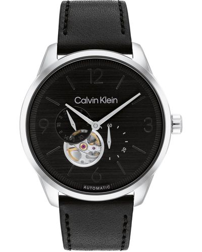 Calvin Klein Automatic Leather Strap Watch 44mm - Black