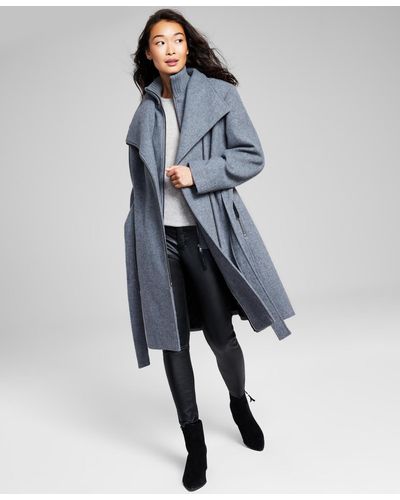 Calvin Klein Wool Blend Belted Wrap Coat - Blue