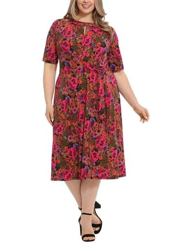 London Times Plus Size Floral-print Fit & Flare Dress - Red