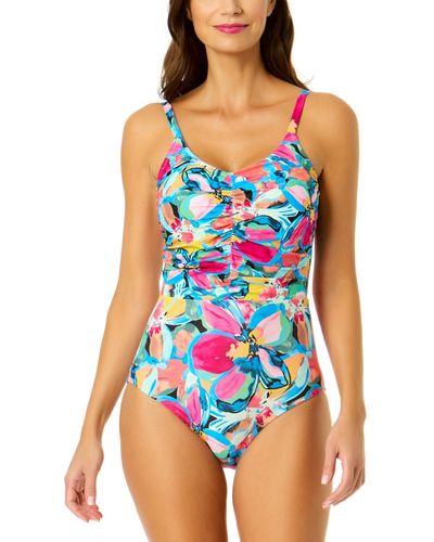 Anne Cole V-neck Shirred-front One-piece Swimsuit - Blue