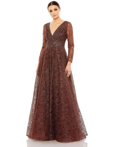 Mac Duggal Embellished Illusion Long Sleeve V Neck Gown - Brown