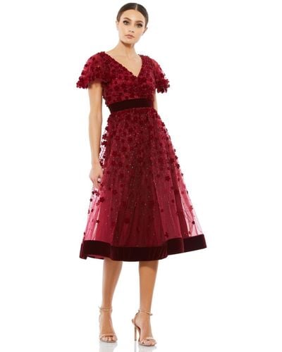 Mac Duggal Embellished Butterfly Sleeve Velvet Hem Midi Dress - Red