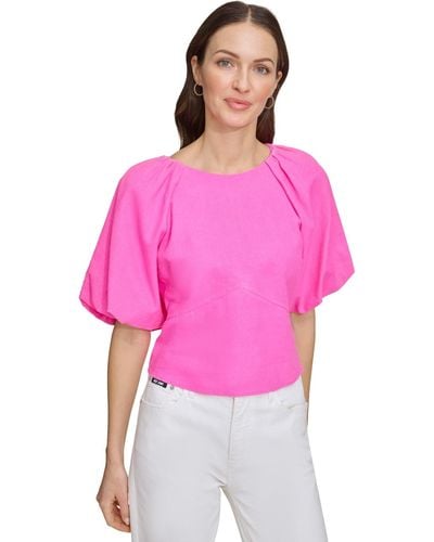 DKNY Boat-neck Short-puff-sleeve Top - Pink