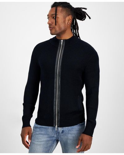 INC International Concepts Silas Regular-fit Ribbed-knit Full-zip Mock Neck Cardigan - Blue