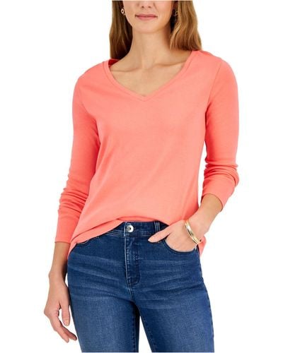 Charter Club Cotton Long-sleeve V-neck T-shirt, Created For Macy's - Red