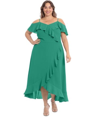 London Times Plus Size Ruffled Cold-shoulder Maxi Dress - Green