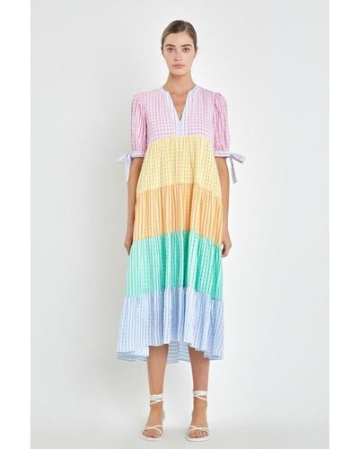 English Factory Color Block Bow Tie Sleeve Maxi Dress - Blue