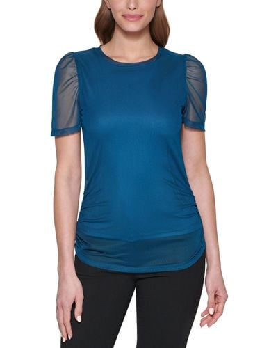 DKNY Petite Ruched Sheer-sleeve Top - Blue