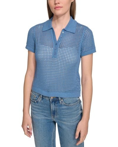 Calvin Klein Petite Cotton Open-stitch Polo Shirt - Blue