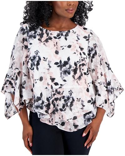 Alex Evenings Plus Size Scoop-neck Tiered Ruffled Blouse - Gray
