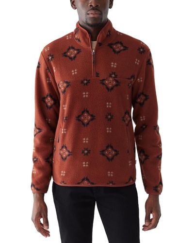 Frank And Oak Relaxed Fit Half-zip Long Sleeve Geo Pattern Sweatshirt - Red
