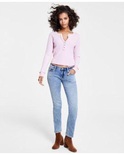 Lucky Brand Waffle Knit Raw Edge Henley Top Mid Rise Straight Leg Jeans - Blue