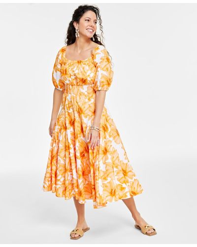 INC International Concepts Floral-print Cotton Midi Dress - Orange