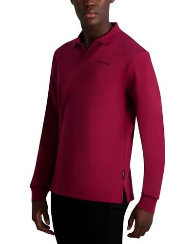 Karl Lagerfeld Signature Logo Long Sleeve Knit Johnny Collar Polo Shirt - Red