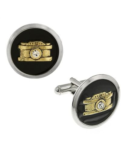 1928 Jewelry Silver-tone And 14k Gold-plated Enamel Crystal Camera Cufflinks - Black