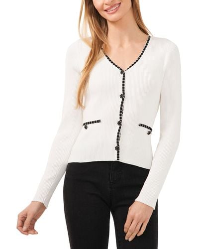 Cece Ribbed Contrast Stitch Beaded Button Cardigan - White