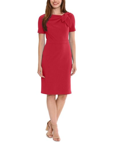London Times Petite Solid Bow-neck Short-sleeve Sheath Dress - Red